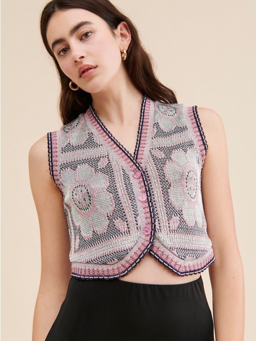 Anna Sui Pink Floral Crochet Crop Vest